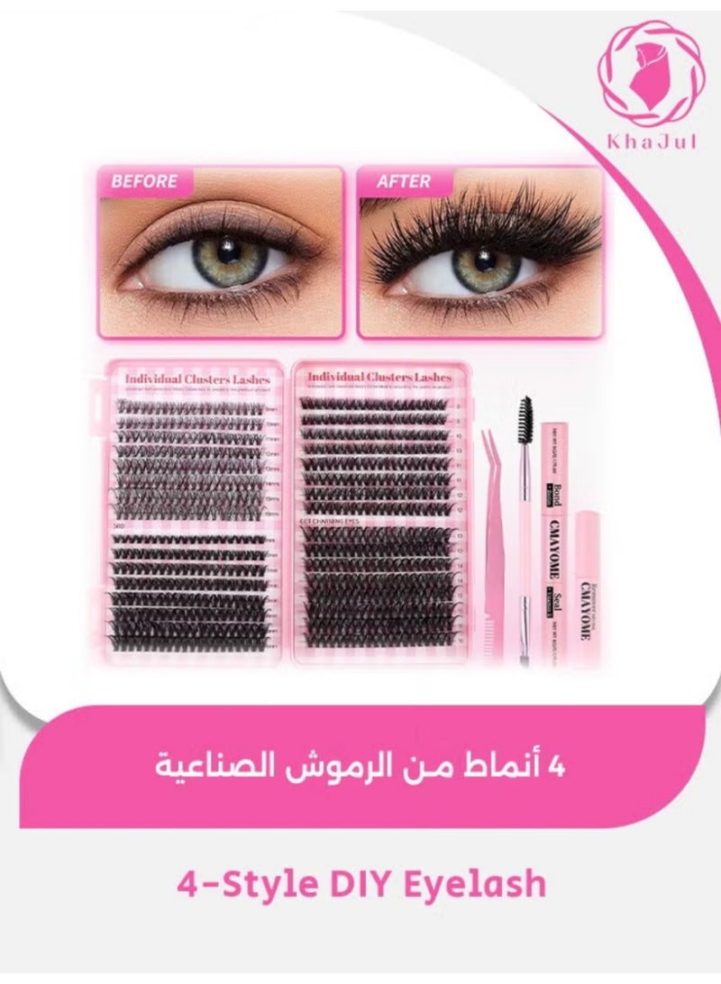 KHAJUL Lash Clusters Kit, 640 Pcs Eyelashes Clusters Extensions Kit, 9-16mm Individual Lashes Curl Fluffy Wispy False Eyelashes Thin Band, with Tweezers Brush DIY - Image 1