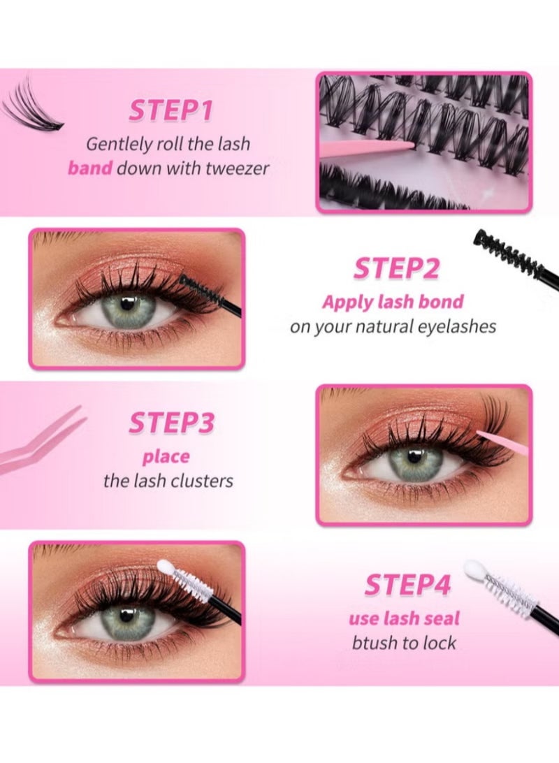 KHAJUL Lash Clusters Kit, 640 Pcs Eyelashes Clusters Extensions Kit, 9-16mm Individual Lashes Curl Fluffy Wispy False Eyelashes Thin Band, with Tweezers Brush DIY - Image 4