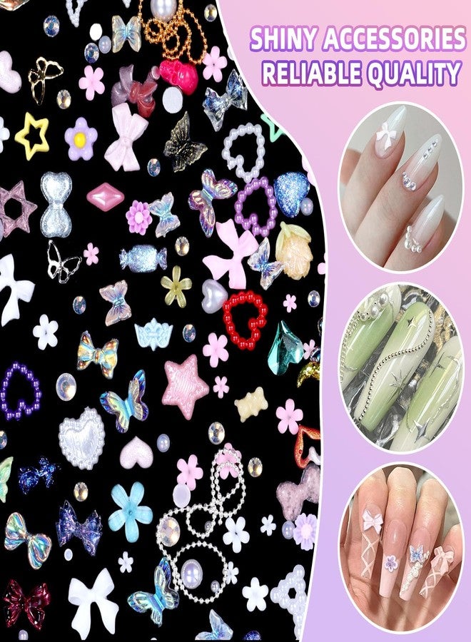 Cynailli 3D Nail Charms Set, Color Butterfly Blossom Flower Bow Moon Heart Star Nail Art Charms, Half Round Pearl+Flatback Gems AB+Hollow Butterfly Alloy Nail Charms DIY Nail Art Supplies Accessories - Image 5
