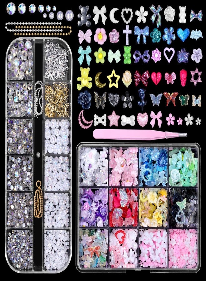 Cynailli 3D Nail Charms Set, Color Butterfly Blossom Flower Bow Moon Heart Star Nail Art Charms, Half Round Pearl+Flatback Gems AB+Hollow Butterfly Alloy Nail Charms DIY Nail Art Supplies Accessories - Image 1