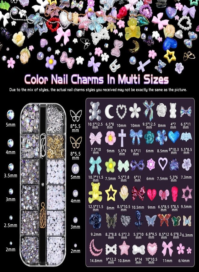 Cynailli 3D Nail Charms Set, Color Butterfly Blossom Flower Bow Moon Heart Star Nail Art Charms, Half Round Pearl+Flatback Gems AB+Hollow Butterfly Alloy Nail Charms DIY Nail Art Supplies Accessories - Image 2