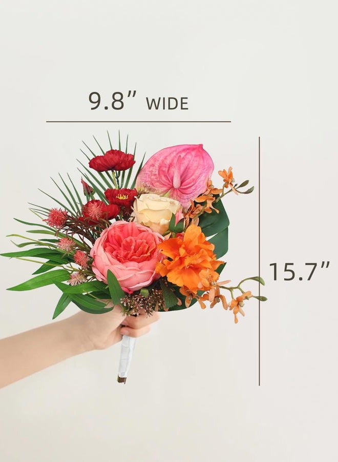 Rinlong 1Pc Tropical Flowers Wedding Bouquets for Bridesmaids Bride Orange Pink Bridesmaid Bridal Bouquet for Beach Wedding Prom - Image 5
