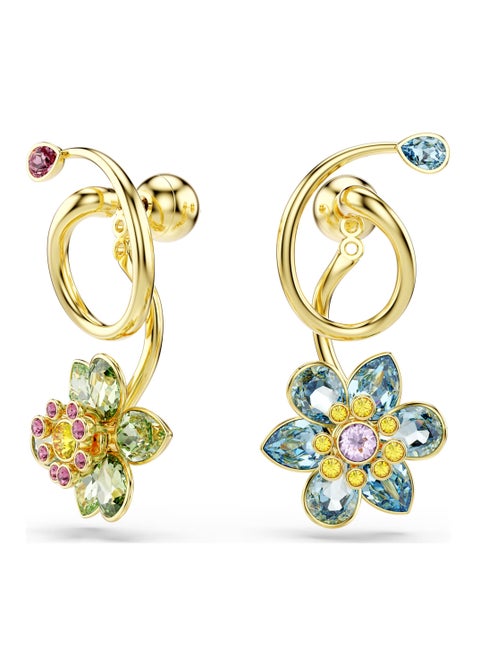 Idyllia drop earrings,Asymmetrical design, Mixed cuts, Flower, Multicolored, Gold-tone plated-5709025