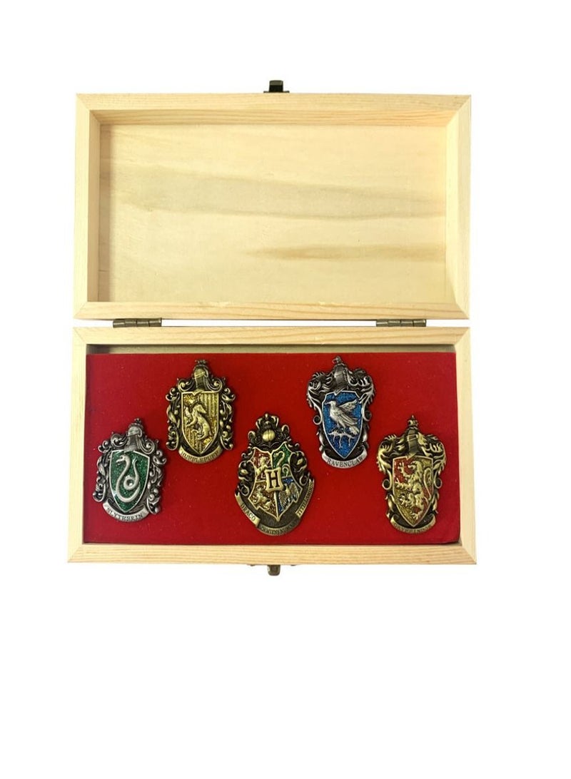 Y&D 5-Piece Harry Potter College Stereo Logo Badge With Wooden Box Set - Image 1