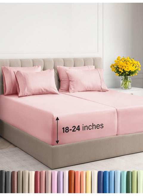 Extra Deep Split King Sheet Set - 7 Piece Breathable and Cooling Sheets - Hotel Luxury Bed Sheets Set - Easy Fit - Soft  Wrinkle Free and Comfy Sheets Set - Baby Pink Sheet Set with Extra Deep Pockets