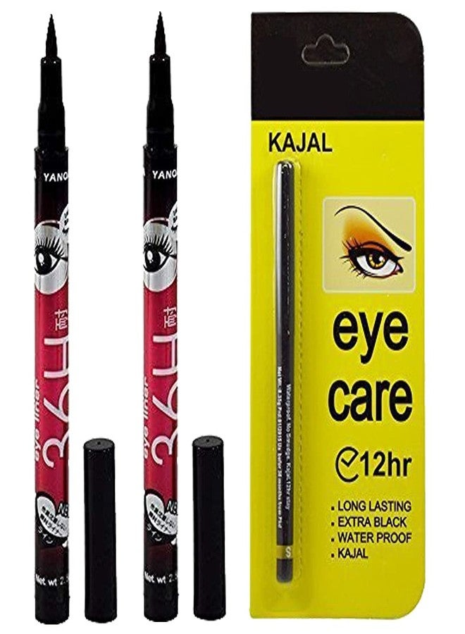 Calitate24 2pcs Liquid Black Eyeliner Pen Extra Shine & Long Lasting Matte Texture Waterproof Stamp Wing Liner for Girls & Women with 1 Bold Black Eye Kajal - Image 1