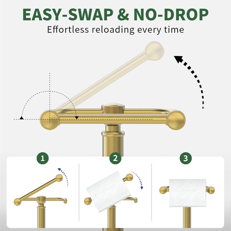 WZRUA Toilet Paper Holder Stand,Free Standing Toilet Paper Holder,Modern Post Pivoting Toilet Paper Stand with Stable Weighted Base,SUS304 Stainless Steel Tissue Roll Holder Stand for Bathroom,Brushed Gold - Image 3