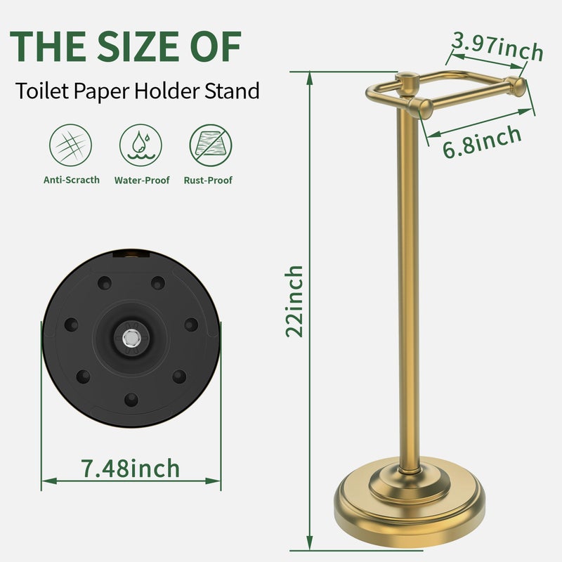 WZRUA Toilet Paper Holder Stand,Free Standing Toilet Paper Holder,Modern Post Pivoting Toilet Paper Stand with Stable Weighted Base,SUS304 Stainless Steel Tissue Roll Holder Stand for Bathroom,Brushed Gold - Image 4