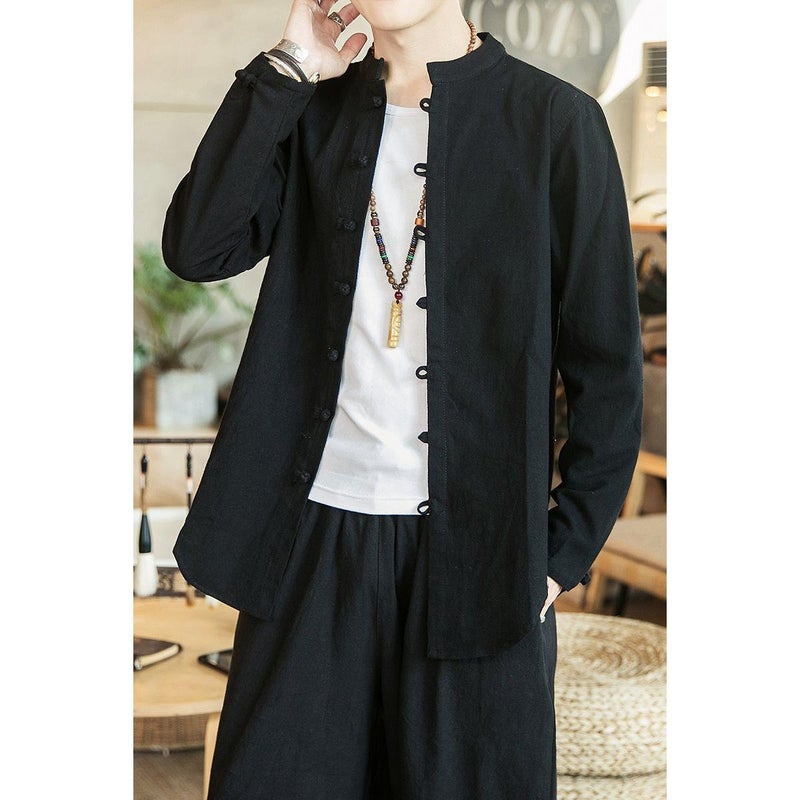Autumn Mens Clothing Retro Style Chinese Style Cotton and Linen Chinese Style Hanfu Tang Coat Cardigan Loose Casual Long-sleeved Shirt Black 