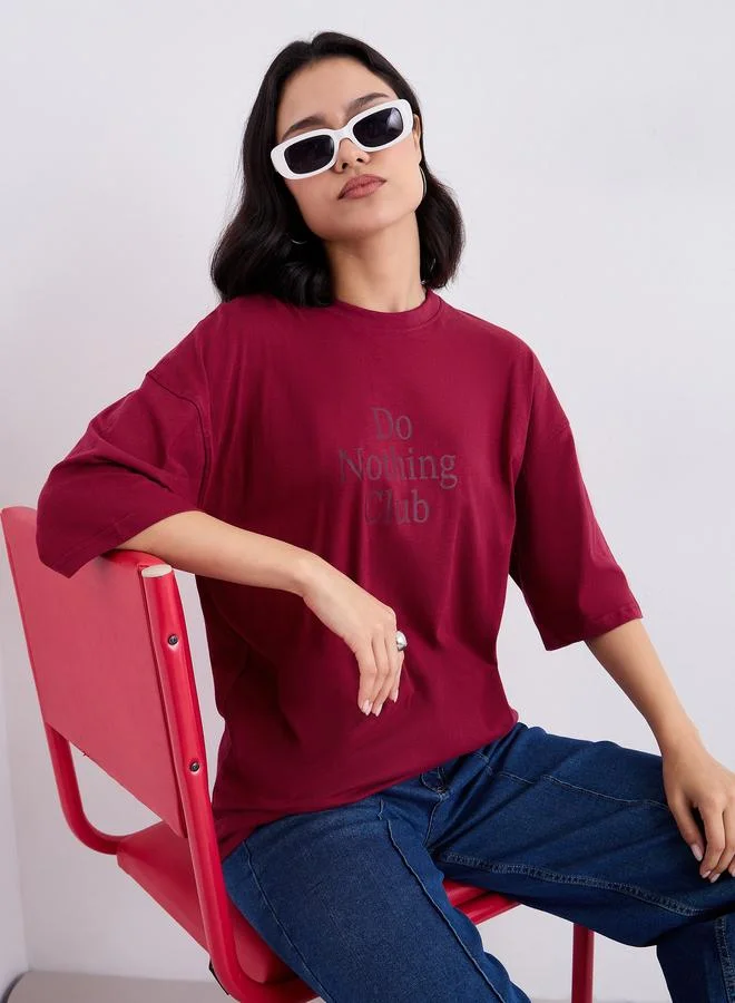 ستايلي Styli Slogan Print Oversized Longline T-Shirt