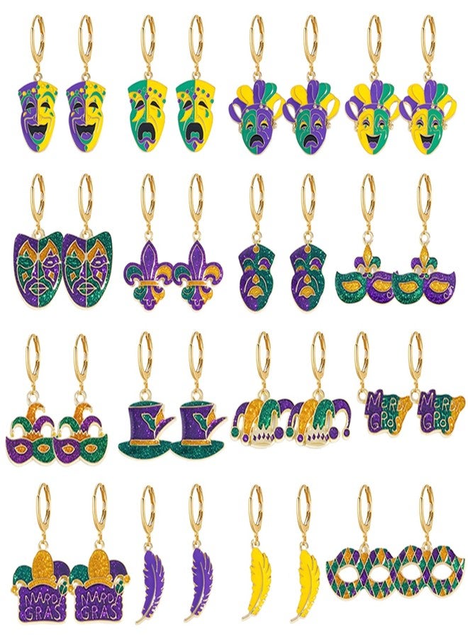 RLHRNDE 16 Pairs Mardi Gras Earrings for Women Men Glitter Crown Carnival Theme Mask Feather Letter MARDI GRAS Hoop Earrings Colorful Carnival Cosplay Party Earrings Jewelry Holiday Party Accessories (16 Pairs) - Image 1