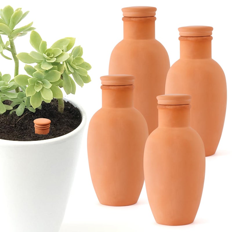 Lovely Ran 4pcs Ollas 3.1inch Plant Watering Globes Clay Watering Pot with lid Terra Cotta Clay Irrigation Globes Terracotta Watering Simple Irrigation Peripheral Water System Self Watering System - Image 1
