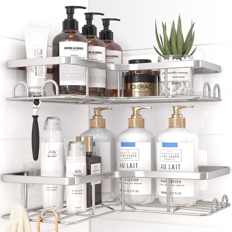 Sakugi Corner Shower Caddy 2 Pack Adhesive Shower Organizers Rustproof Stainless Steel Shower Shelves with 8 Hooks No Drilling Bathroom Organizers and Storage Racks SpaceSaving Silver Large - Image 2