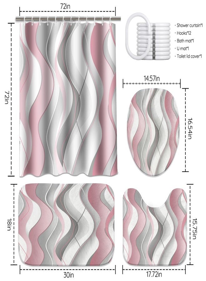KINUUIS 4 Pcs Pink and White Bathroom Sets with Shower Curtain and Rugs,Pink and Grey Shower Curtain Set with Bath Rugs,Modern Striped Bathroom Decor Set with 12 Hooks - Image 2