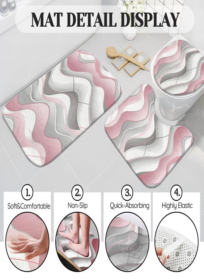 KINUUIS 4 Pcs Pink and White Bathroom Sets with Shower Curtain and Rugs,Pink and Grey Shower Curtain Set with Bath Rugs,Modern Striped Bathroom Decor Set with 12 Hooks - Image 4