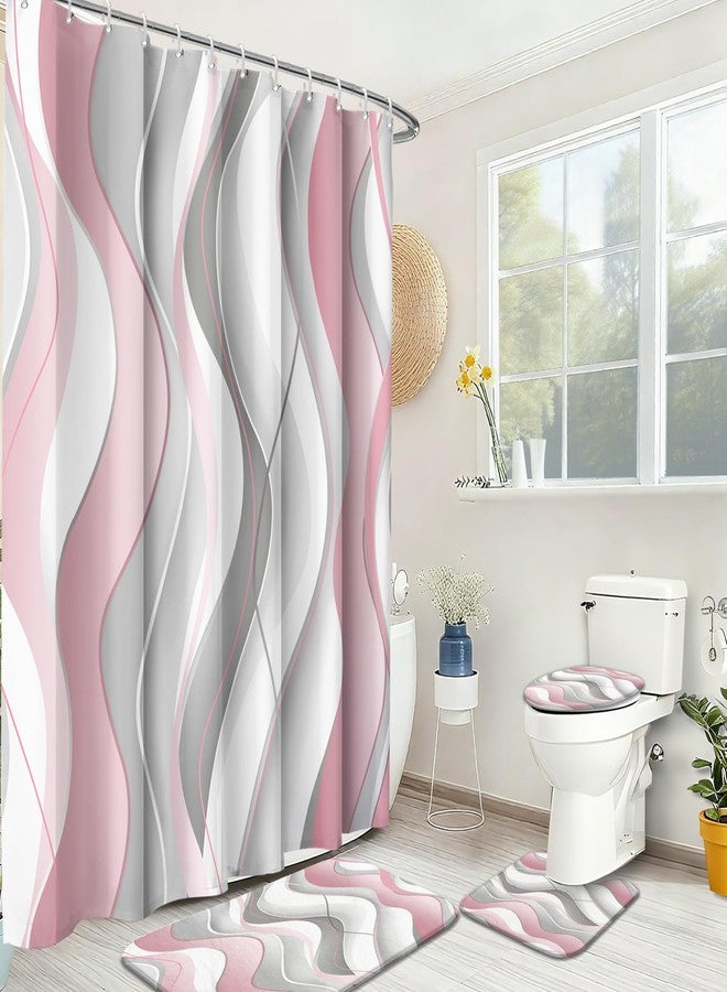 KINUUIS 4 Pcs Pink and White Bathroom Sets with Shower Curtain and Rugs,Pink and Grey Shower Curtain Set with Bath Rugs,Modern Striped Bathroom Decor Set with 12 Hooks - Image 1
