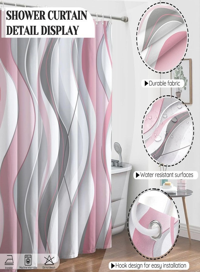 KINUUIS 4 Pcs Pink and White Bathroom Sets with Shower Curtain and Rugs,Pink and Grey Shower Curtain Set with Bath Rugs,Modern Striped Bathroom Decor Set with 12 Hooks - Image 3