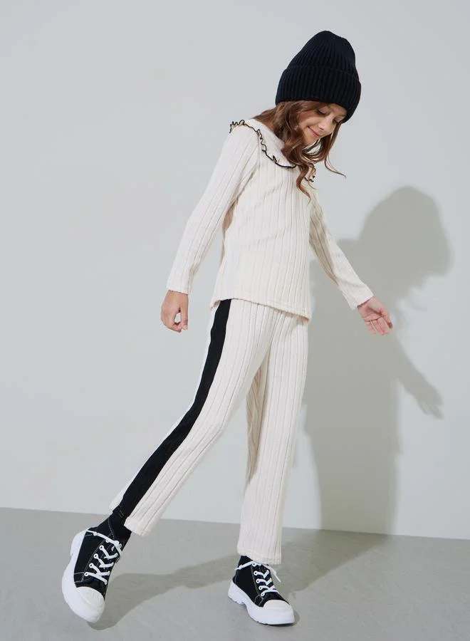 Styli Girls beige Ribbed Knit Collared Top and Side Striped Joggers Set