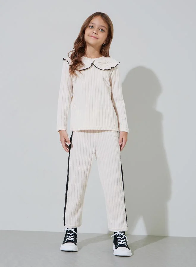 Styli Girls beige Ribbed Knit Collared Top and Side Striped Joggers Set