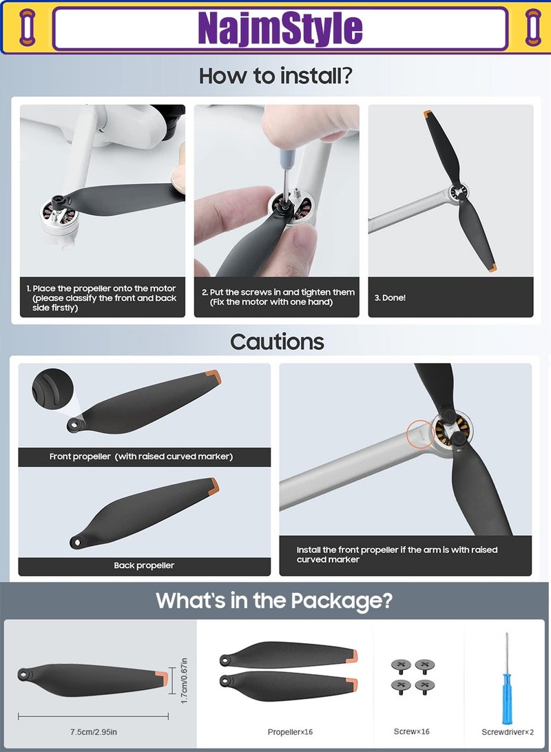 نجم ستايل 16 قطعة من المراوح Mini 4 Pro/Mini 3 Pro، لملحقات DJI Mini 4 Pro/Mini 3 Pro شفرات بديلة سريعة التحرير أجنحة دعامات - Image 2