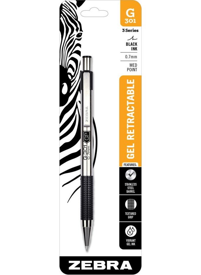 Zebra Pen G-301 Retractable Gel Ink Pen, Stainless Steel Barrel, Medium Point, 0.7mm, Black Ink, 1-Pack - Image 1