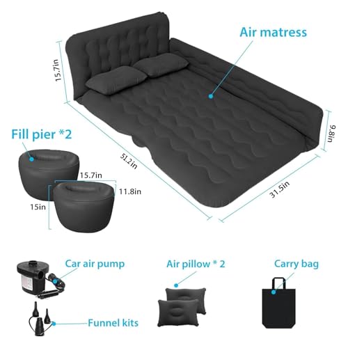 ISWEES Car Bed SUV Air Mattress, Car Air Mattress with Electric Pump, 2 Inflatable Pillows and 2 Footrests for Back Seat, Side Seat,Trunk Sleeping, Thickened Camping Bed - Black - Image 3
