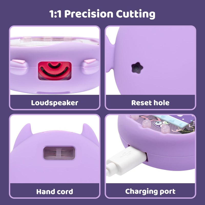 BUBBLELOGUS Devil Wing Case for Tamagotchi Uni, Silicone Cover with Holographic Laser Faceplate Sticker & Star Dust Plug, 3-in-1 Set (Purple) - Image 3
