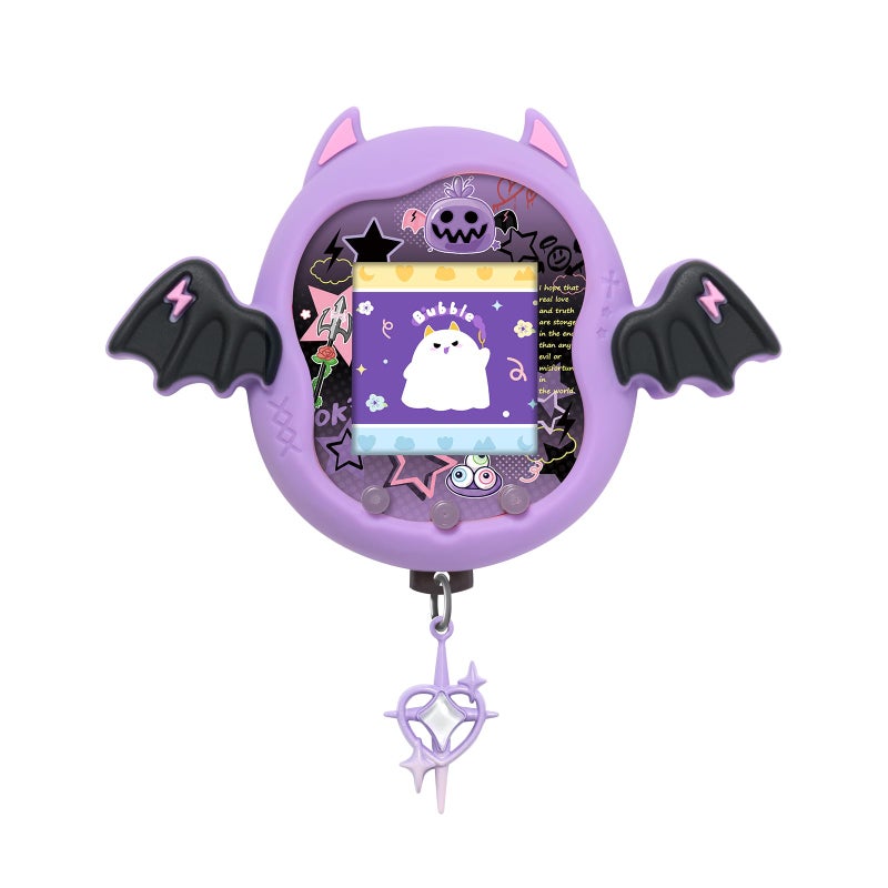 BUBBLELOGUS Devil Wing Case for Tamagotchi Uni, Silicone Cover with Holographic Laser Faceplate Sticker & Star Dust Plug, 3-in-1 Set (Purple) - Image 1