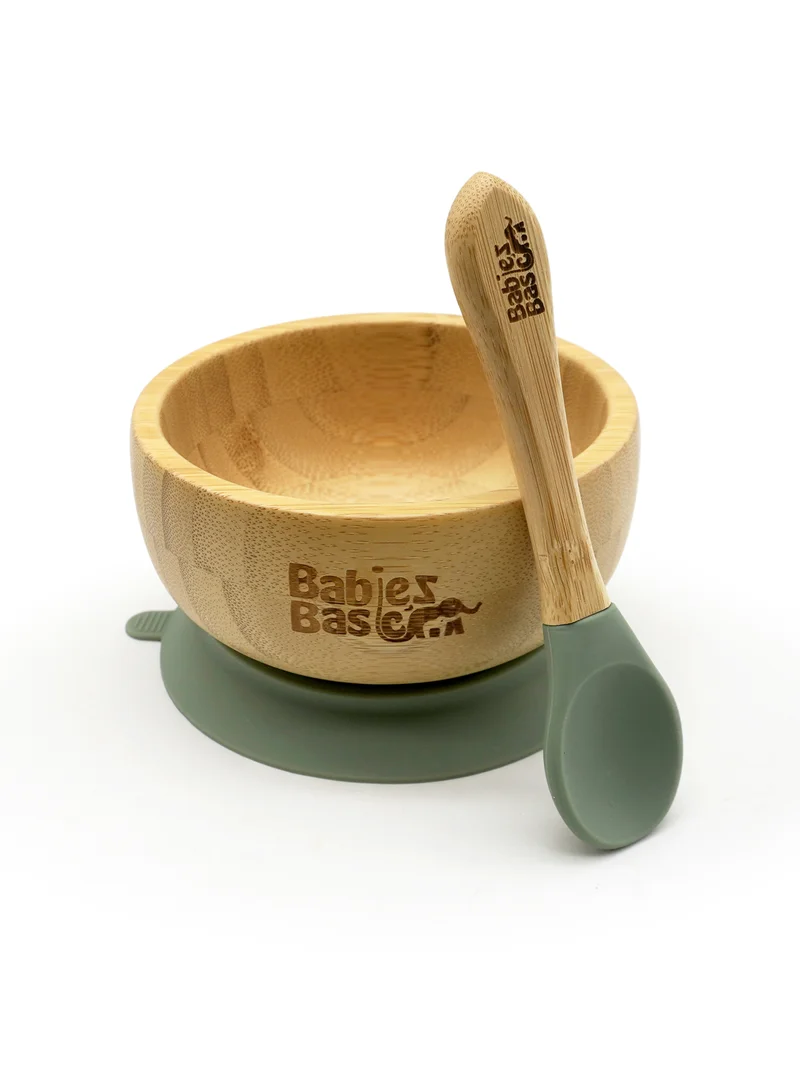 Babies Basic Babies Basic Bamboo Bowl with suction and Silicone Spoon for Kids, Green