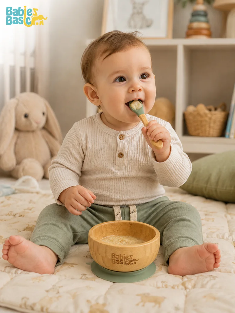 Babies Basic Babies Basic Bamboo Bowl with suction and Silicone Spoon for Kids, Green
