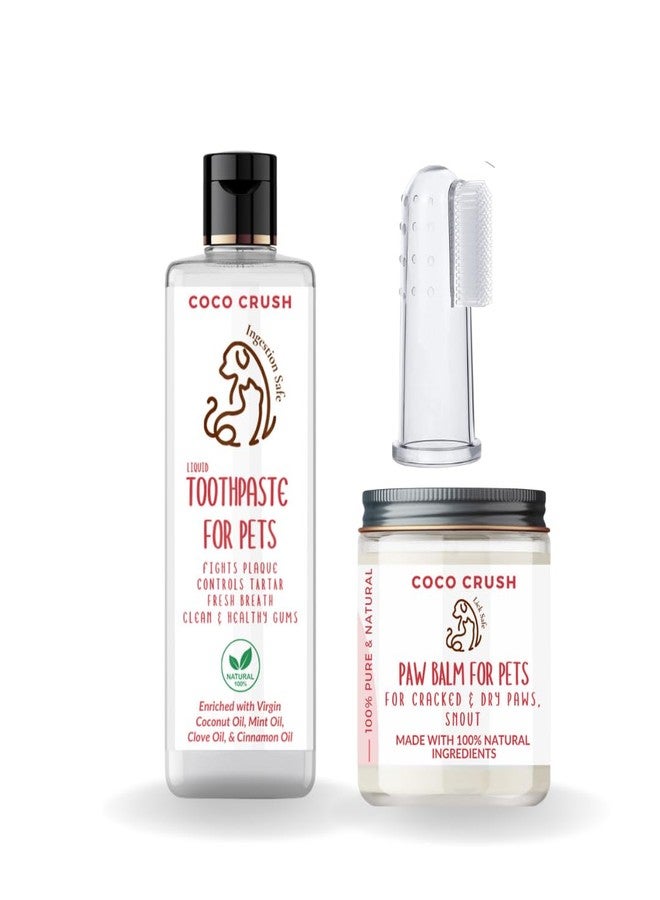 Coco Crush مجموعة كوكو كراش للعناية بصحة أسنان الحيوانات الأليفة - معجون أسنان سائل طبيعي 100%، وفرشاة أسنان، وبلسم للقدمين للقطط والكلاب (200 غرام معجون أسنان، وفرشاة، و25 غرام بلسم؛ 225 غرام) - Image 1