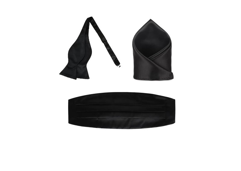 cossess Men's Cummerbund, Self-Tie Open Bow Tie & Pocket Square Set – Satin Formal Wear Accessories | Adjustable Fit for Wedding, Black Tie, Party & Tuxedo Styling - Image 1