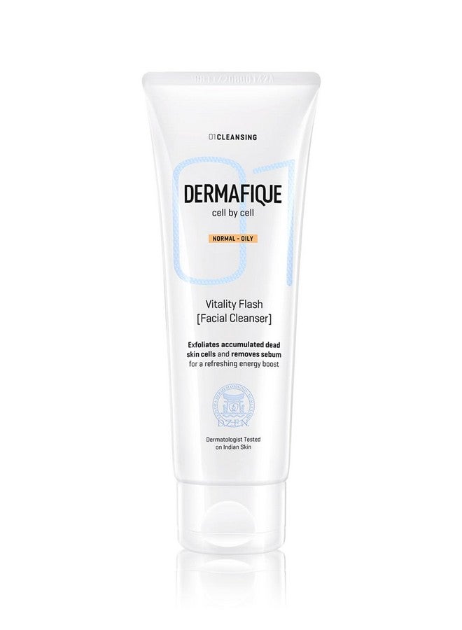 Dermafique Vitality Flash Facial Cleanser - 100ml, Orange Zest Extract Removes Sebum (Oil), Face Wash with Micro Pearls Exfoliator | Soap, Paraben & Alcohol Free | Dermatologist Tested - Image 1