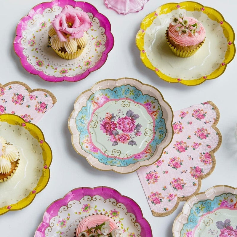 Excefore Vintage Floral Afternoon Tea Party Plates Disposable Tableware for Birthday, Garden Party, Baby Shower, Wedding, Anniversary Pack of 24 (17cm), Pink - Image 4