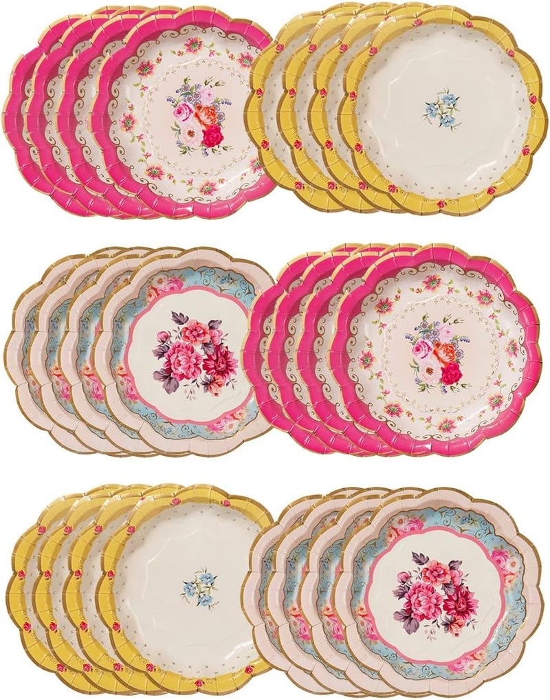 Excefore Vintage Floral Afternoon Tea Party Plates Disposable Tableware for Birthday, Garden Party, Baby Shower, Wedding, Anniversary Pack of 24 (17cm), Pink - Image 1
