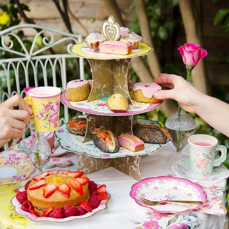 Excefore Vintage Floral Afternoon Tea Party Plates Disposable Tableware for Birthday, Garden Party, Baby Shower, Wedding, Anniversary Pack of 24 (17cm), Pink - Image 5