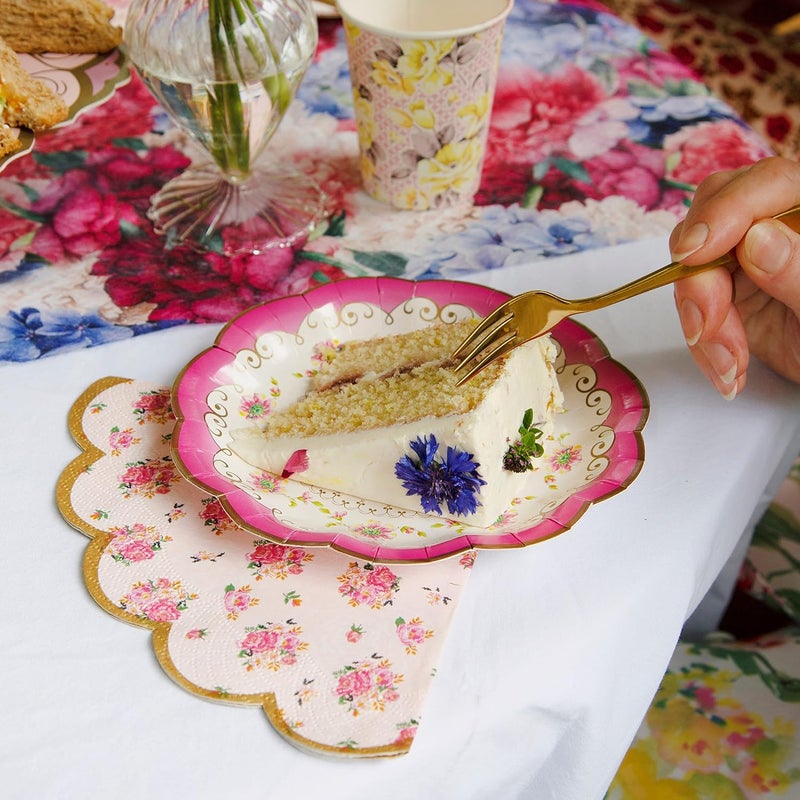 Excefore Vintage Floral Afternoon Tea Party Plates Disposable Tableware for Birthday, Garden Party, Baby Shower, Wedding, Anniversary Pack of 24 (17cm), Pink - Image 3