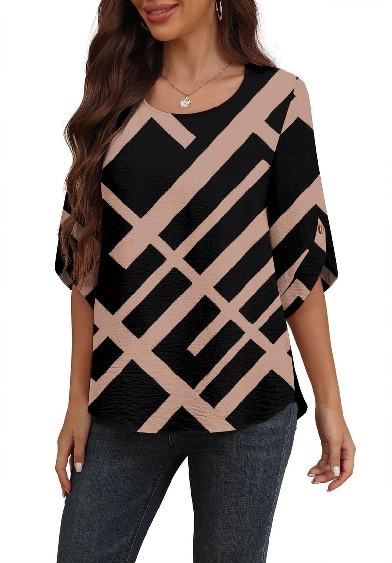 Askyes Womens Chiffon Blouses Summer Casual 3/4 Sleeve Tops for Leggings Chiffon Blouses for Women,Black Rectangle,L - Image 3
