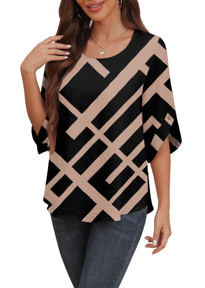 Askyes Womens Chiffon Blouses Summer Casual 3/4 Sleeve Tops for Leggings Chiffon Blouses for Women,Black Rectangle,L - Image 1