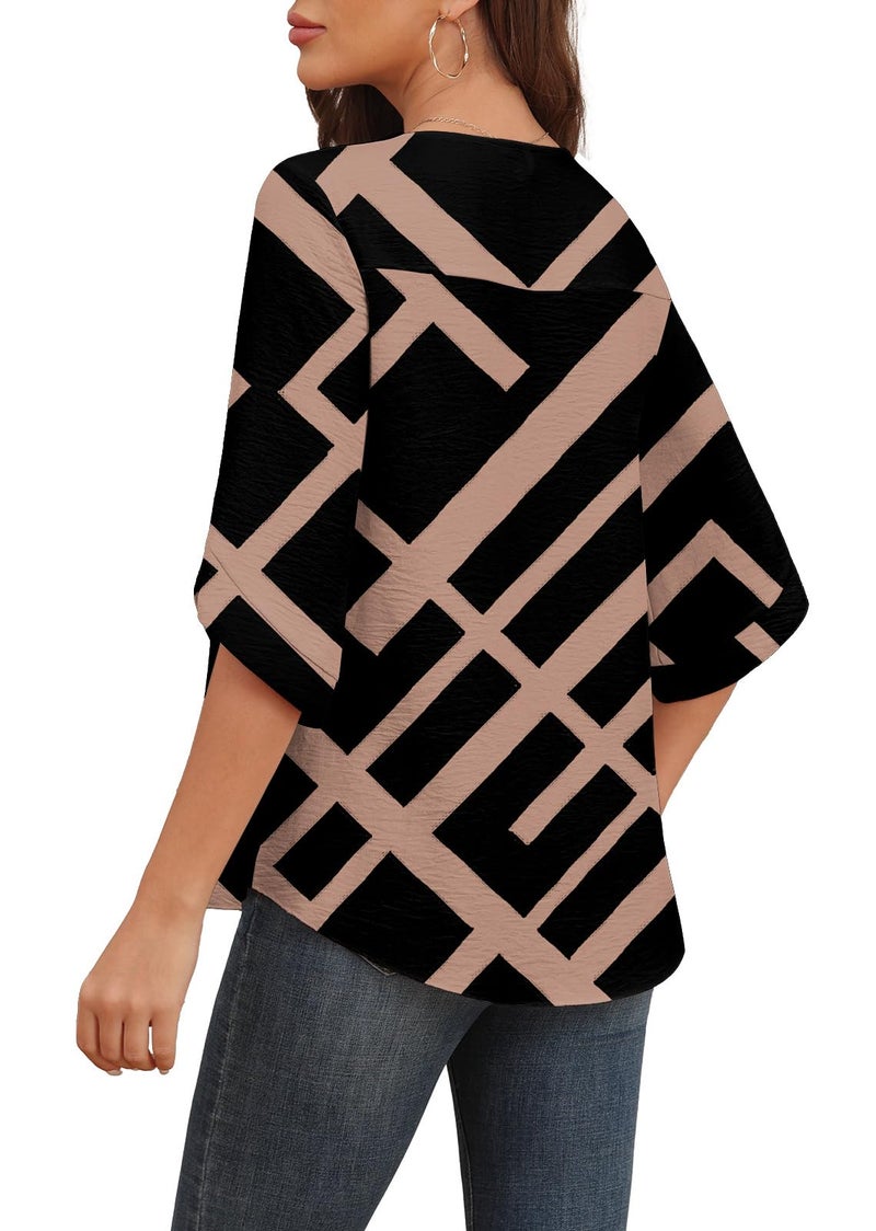 Askyes Womens Chiffon Blouses Summer Casual 3/4 Sleeve Tops for Leggings Chiffon Blouses for Women,Black Rectangle,L - Image 2
