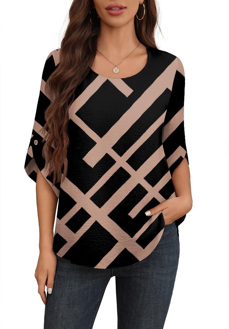 Askyes Womens Chiffon Blouses Summer Casual 3/4 Sleeve Tops for Leggings Chiffon Blouses for Women,Black Rectangle,L - Image 4