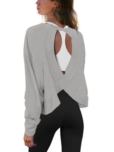 Panadila Womens Open Back Workout Top Long Sleeve Athletic Shirts Casual Crop Running Tee Y2k Yoga TrendyHeather GreyM - Image 1