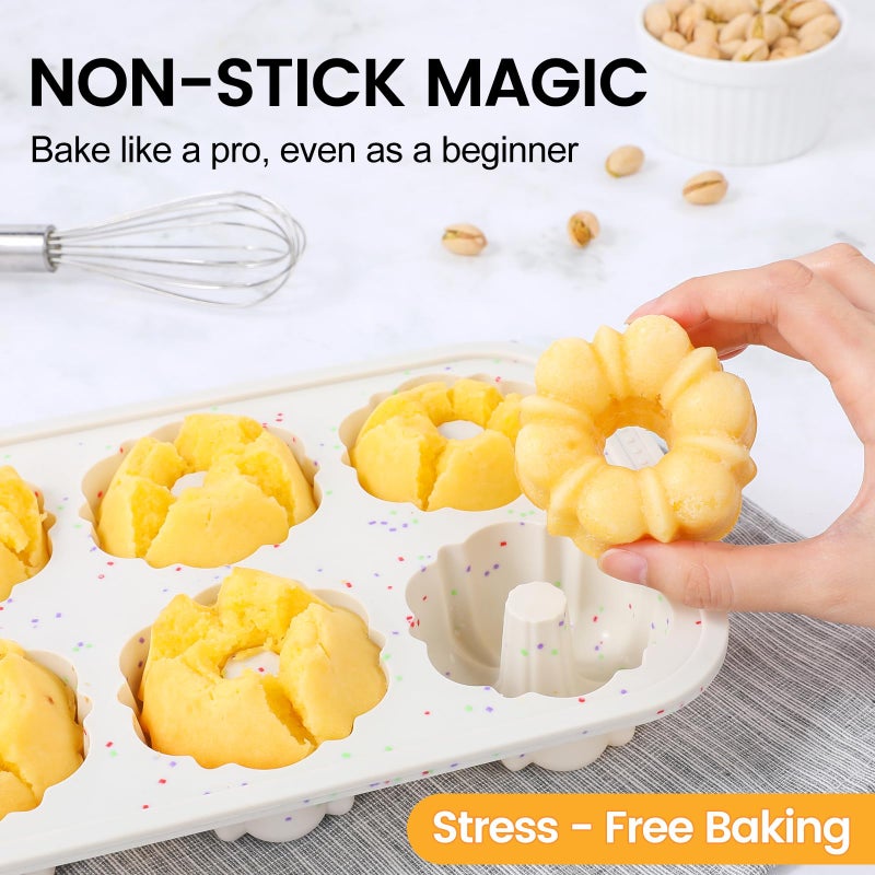 CAKETIME Mini Fluted Tube Pan with Metal Reinforced Frame, 6-Cavity Silicone Nonstick Small Cake Molds 2Pcs for Chocoflan, Donuts, Cornbread, Brownies, Jellies BPA Free - Image 2