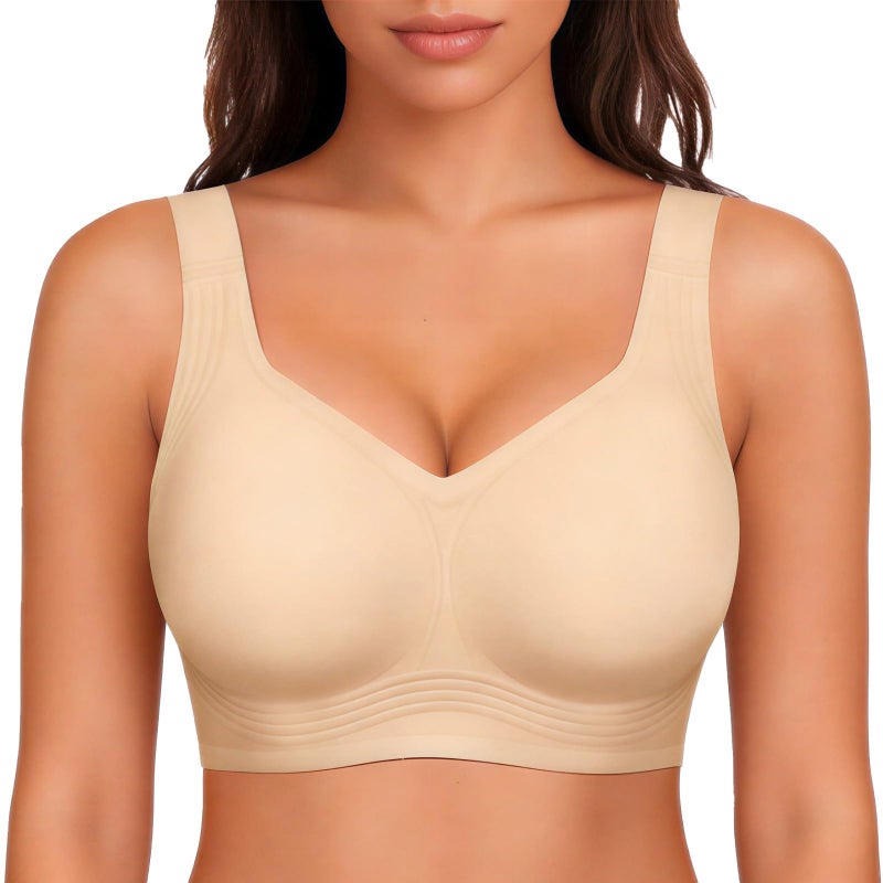 Dopheuor 2026 Wireless Seamless Jelly Plus Size Bras Comfortable No Underwire Supportive Full Coverage Everyday Bra for Older Women Beige - Image 1
