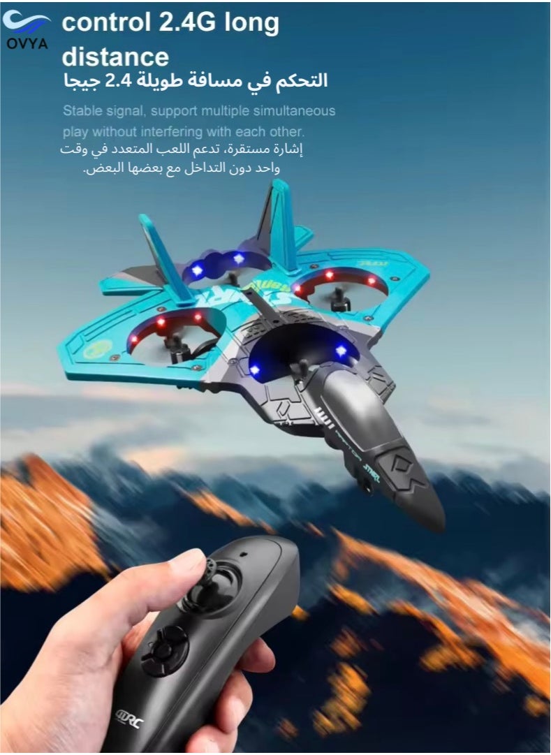 OVYA - V17 Jet Fighter Stunt RC Airplane Toys Ready To Fly 2.4GHz 6CH EPP Drone Remote Control Helicopter Toy 4 Motor Helicopters Adult Plane with Function Gravity Sensing Stunt Roll Cool Light With 2 Battery - Image 1