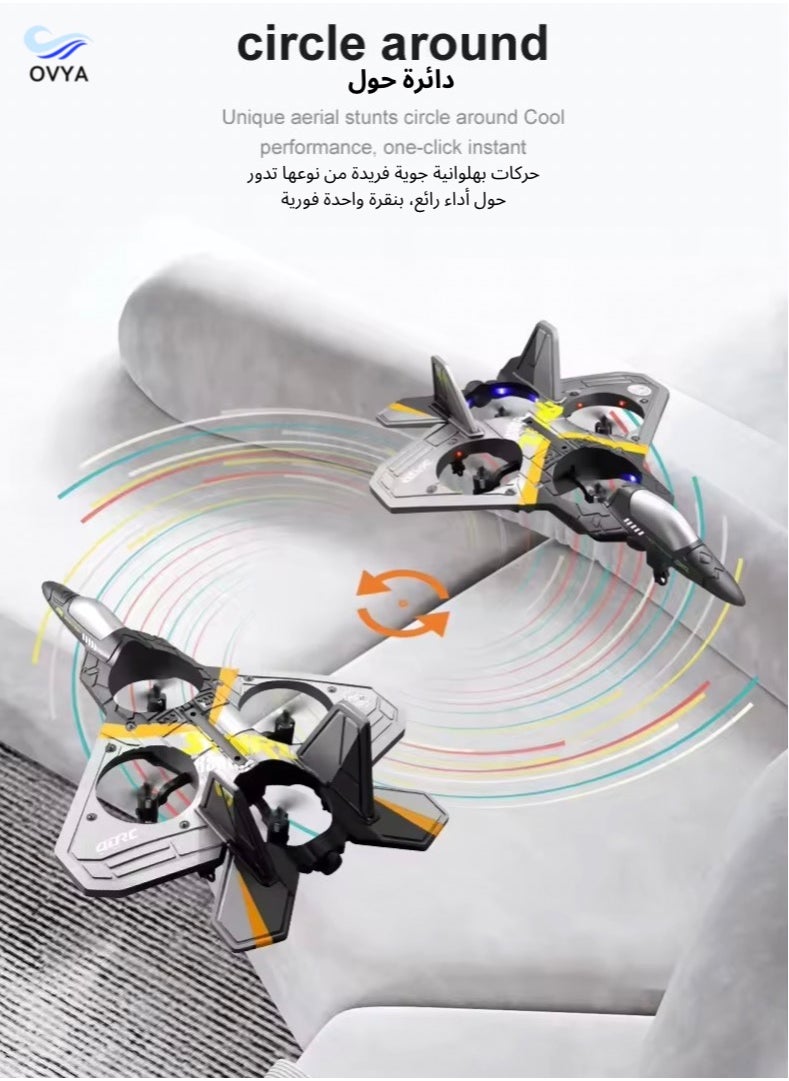 OVYA - V17 Jet Fighter Stunt RC Airplane Toys Ready To Fly 2.4GHz 6CH EPP Drone Remote Control Helicopter Toy 4 Motor Helicopters Adult Plane with Function Gravity Sensing Stunt Roll Cool Light With 2 Battery - Image 1