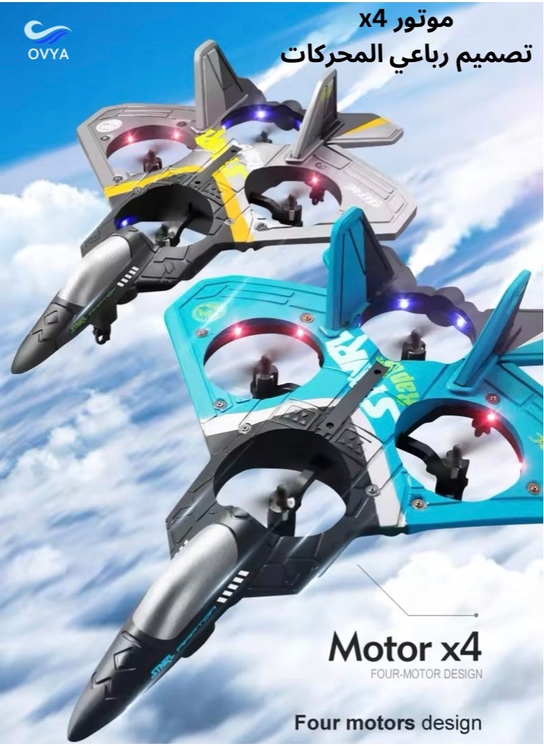OVYA - V17 Jet Fighter Stunt RC Airplane Toys Ready To Fly 2.4GHz 6CH EPP Drone Remote Control Helicopter Toy 4 Motor Helicopters Adult Plane with Function Gravity Sensing Stunt Roll Cool Light With 2 Battery - Image 1