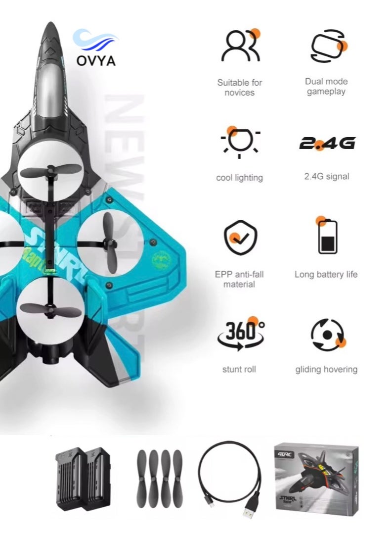 OVYA - V17 Jet Fighter Stunt RC Airplane Toys Ready To Fly 2.4GHz 6CH EPP Drone Remote Control Helicopter Toy 4 Motor Helicopters Adult Plane with Function Gravity Sensing Stunt Roll Cool Light With 2 Battery - Image 1