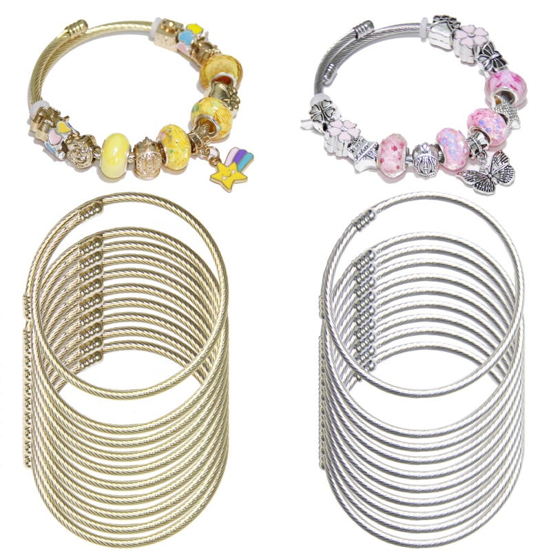 Exway 20 Pcs Elastic Charm Bracelet Chain Stainless Steel Cable Wire Twisted Cuff Bangle Bracelet Gold and Sliver Charm Bracelets Kit for Crafts DIY Women Jewelry Making - Image 1