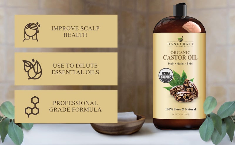 handcraft Blends زيت الخروع العضوي الممزوج يدويًا 28 أونصة سائلة | 100% نقي وطبيعي | زيت ناقل من الدرجة الممتازة | للشعر والرموش والحواجب | للشعر والجسم | مضغوط بالضغط | خالي من الهكسان - Image 4